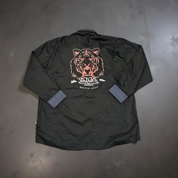 Von Dutch Other - Von Dutch Men Button Down Shirt 2XL Black Tiger Graphic Y2K Denim Cuffs NWOT